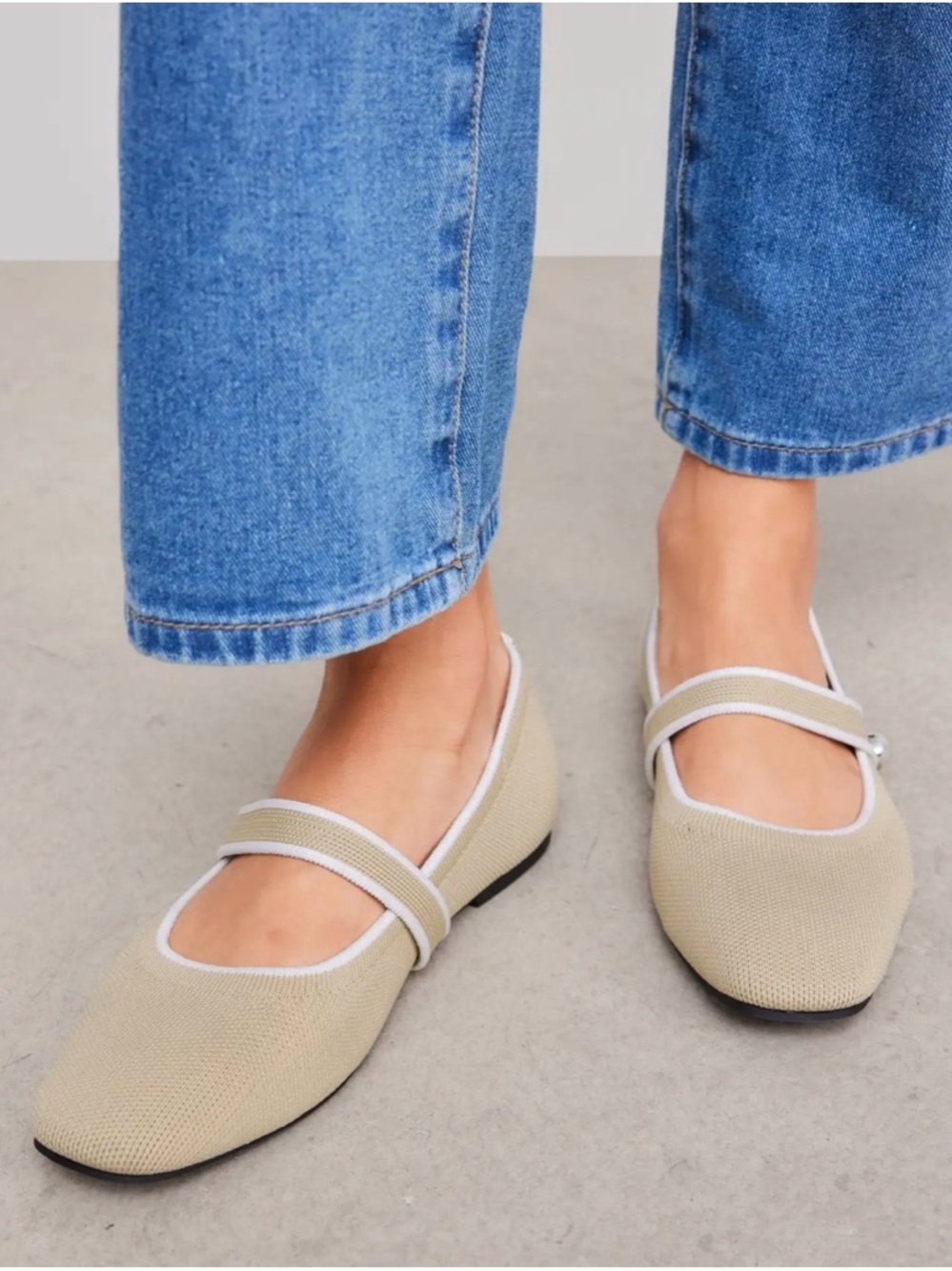 Cider Neutral Beige Knit Mary Jane Flats with Cream Trim and Faux Pearl Button